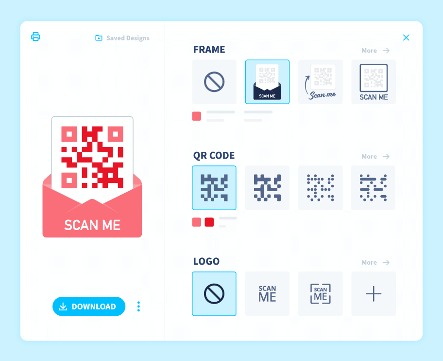 O QR Code Generator permite que você personalize o QR Code com designs, uma moldura e um logotipo.