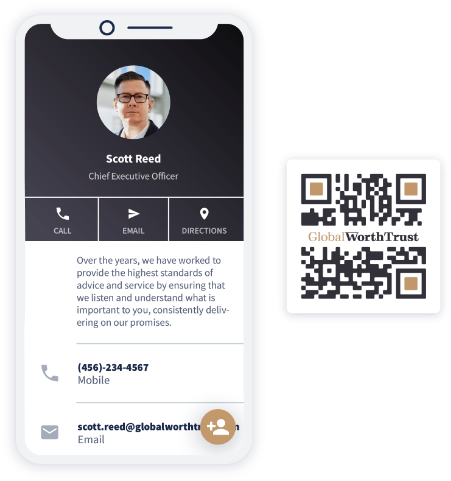 Exemplo de um QR Code vCard Plus que mostra informações de contato detalhadas