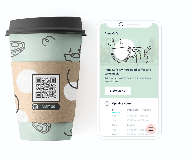 Exemplo de QR Code num copo com uma landing page que exibe informações detalhadas da empresa.
