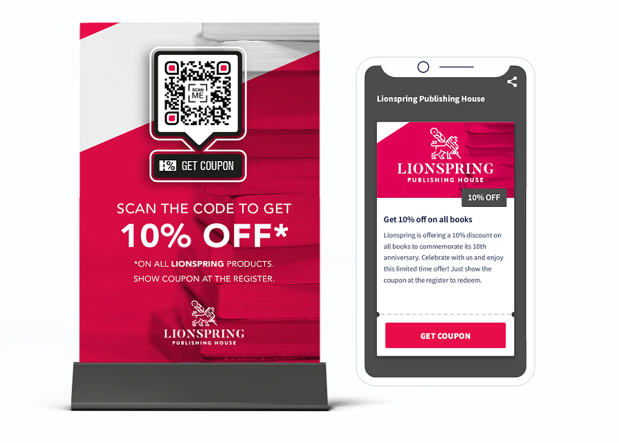 QR Code num material promocional com uma landing page que exibe um cupom de desconto.