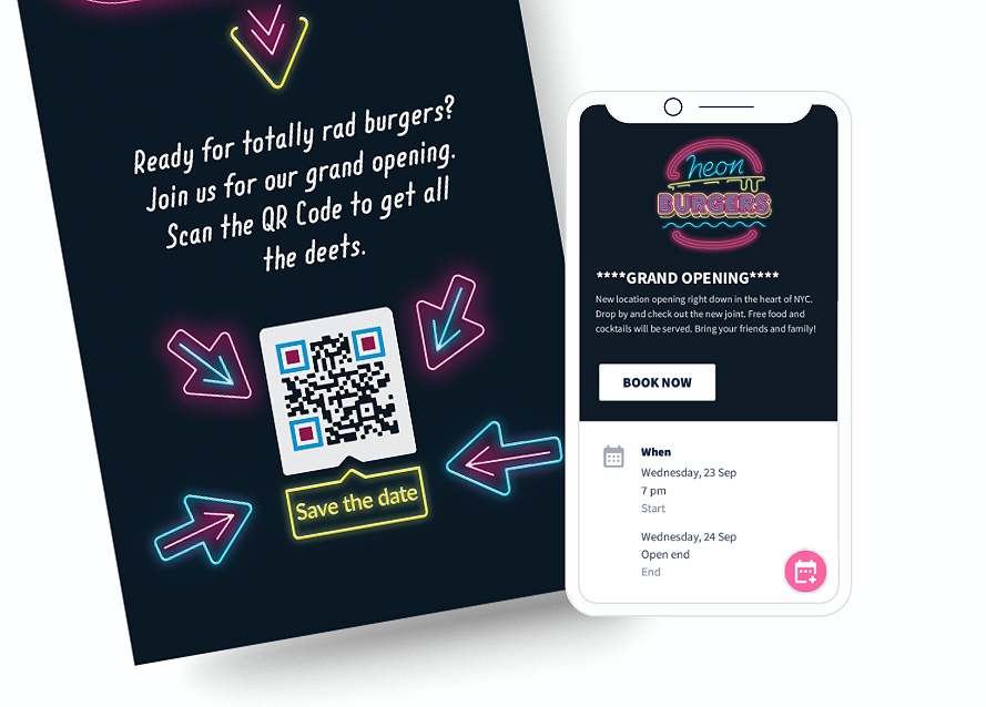 Exemplo de QR Code num flyer com uma landing page que mostra informações detalhadas de um evento com um botão 