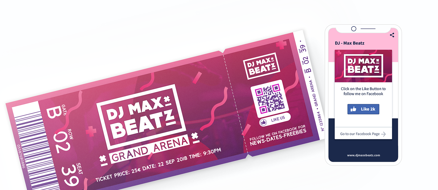 Exemplo da landing page do QR Code Facebook num ingresso exibindo o botão 