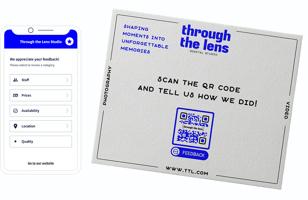 QR Code num flyer com uma landing page que solicita um feedback detalhado.