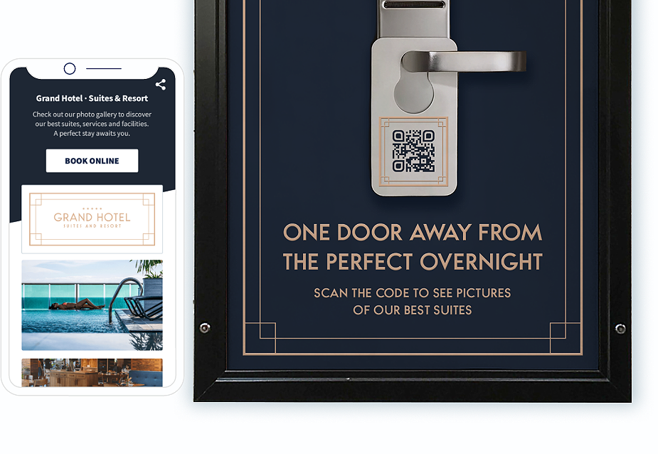 QR Code no cartão de hotel com uma landing page que mostra várias fotos em uma página