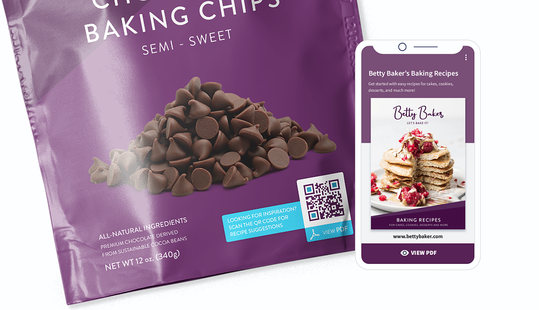 Um exemplo de QR Code numa embalagem com uma landing page mostrando um arquivo PDF para download.