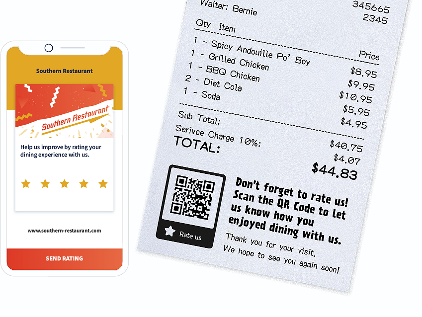 Exemplo de QR Code num recibo com uma landing page que solicita a avaliação dos clientes.