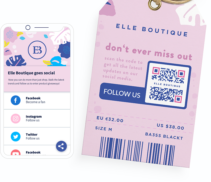QR Code numa etiqueta de roupa com uma landing page que exibe canais de redes sociais.