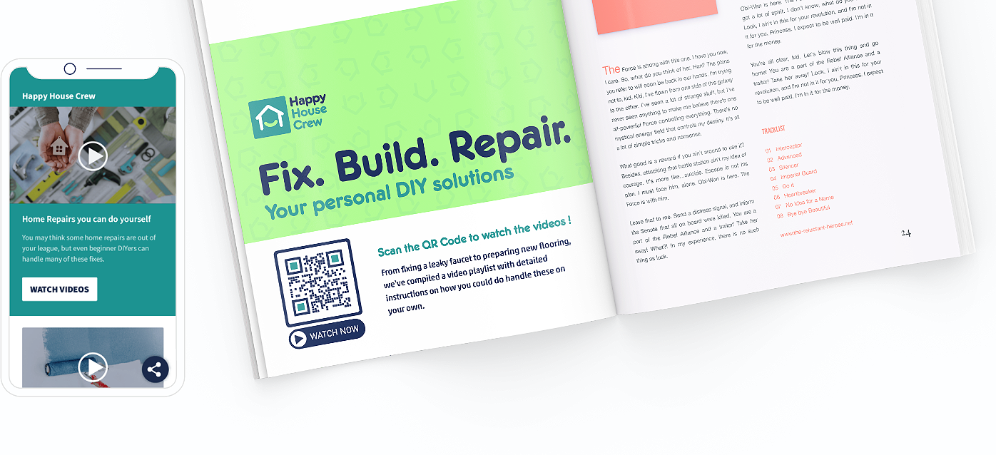 Exemplo de QR Code num folheto com uma landing page que mostra diversos vídeos de youtube.